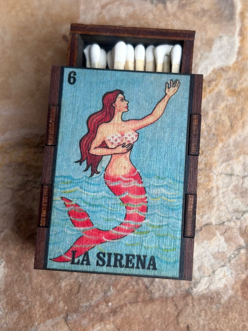 La Sirena Mermaid Wooden Matchbox Cover - Red & Aqua New in Box